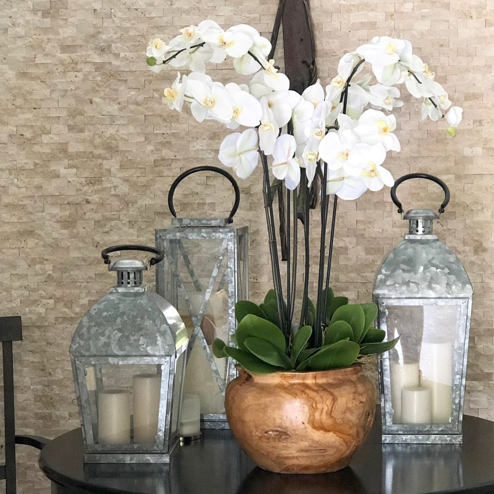 Large teak bowl with white orchids – Evervale