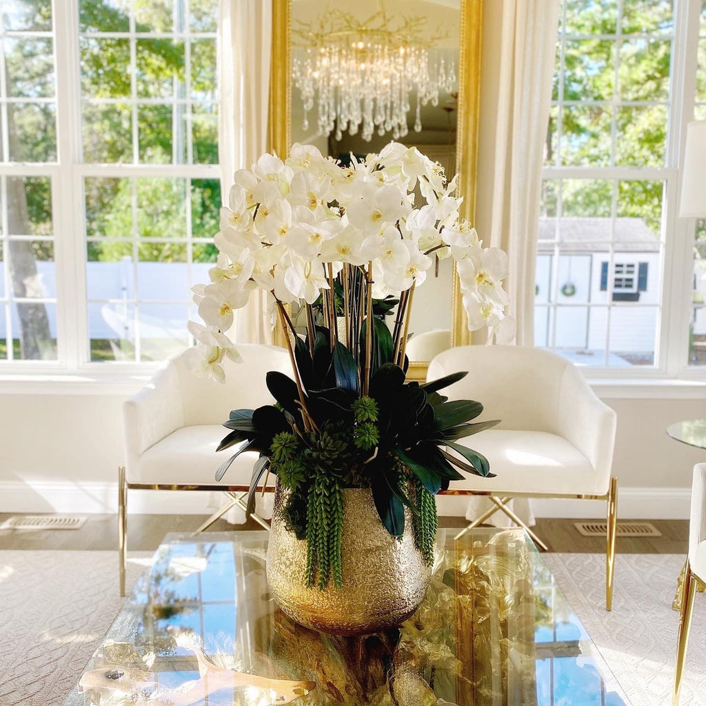 Delaney Vase in Gold with Multiple Phalaenopsis Orchid Stems and Succulents – Evervale
