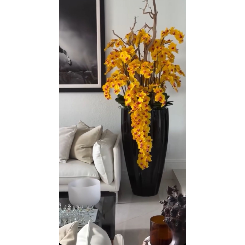 San Jose Vase in Glossy Black with Cascading Yellow Orchids – Evervale