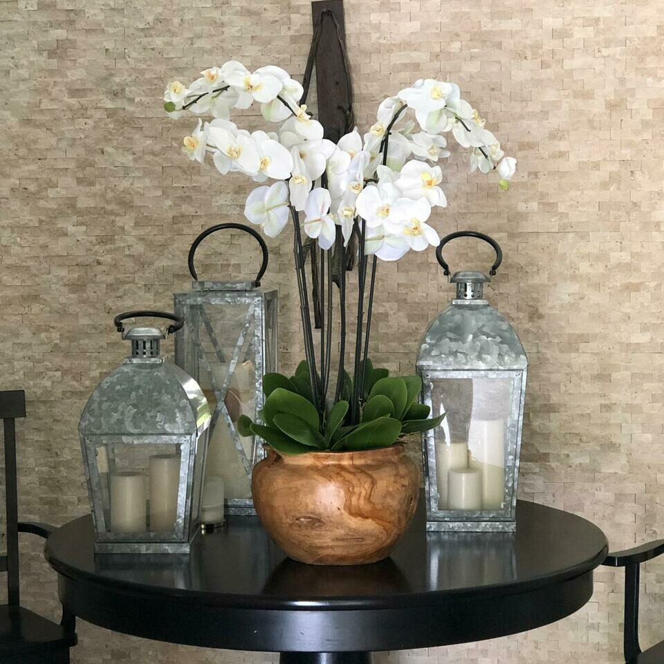 Large teak bowl with white orchids – Evervale
