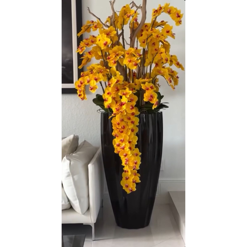 San Jose Vase in Glossy Black with hanging yellow orchids – Evervale