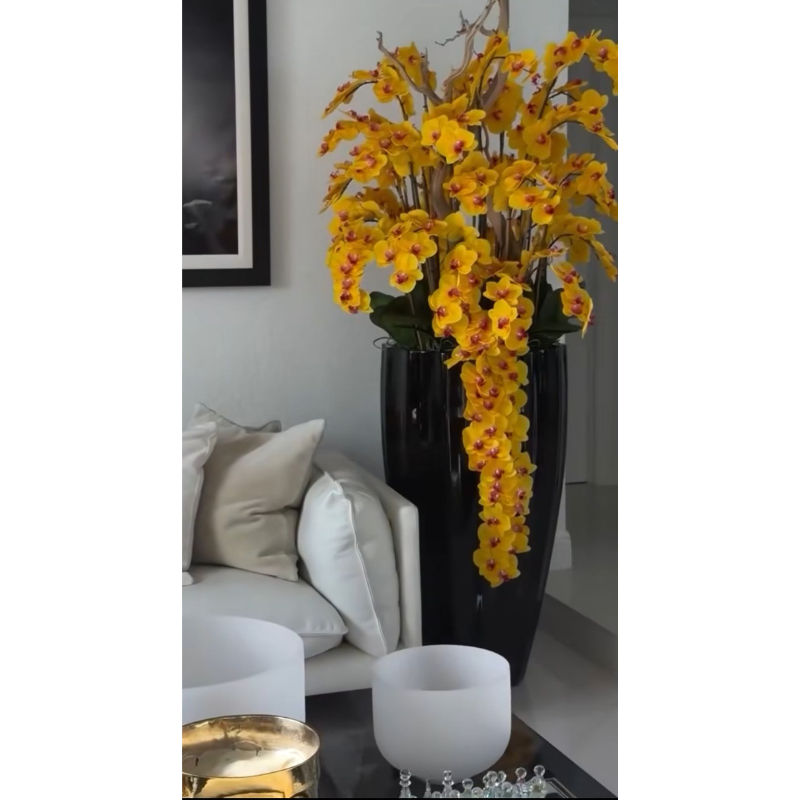 San Jose Vase in Glossy Black with Cascading Yellow Orchids – Evervale