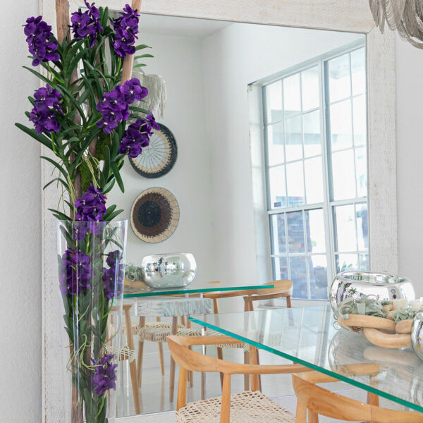 Purple Vanda Orchids and Driftwood Inside a Conical Glass Cylinder – Evervale