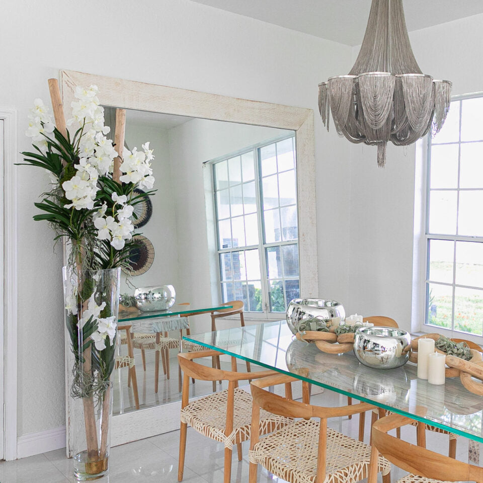 White Vanda Orchids with Driftwood in a Large Conical Glass Cylinder – Evervale