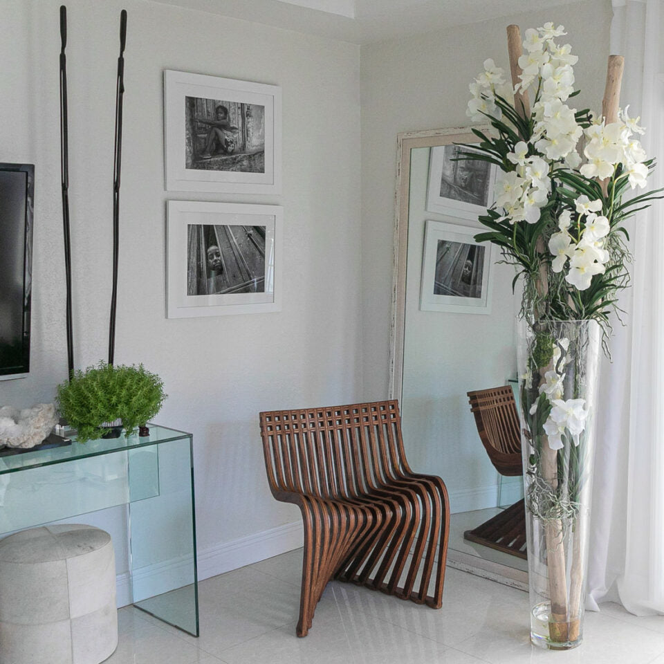 White Vanda Orchids and Driftwood Inside a Large Conical Glass Cylinder – Evervale