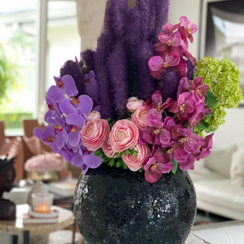 Black Mosaic Vase with Liatris and Orchids – Evervale