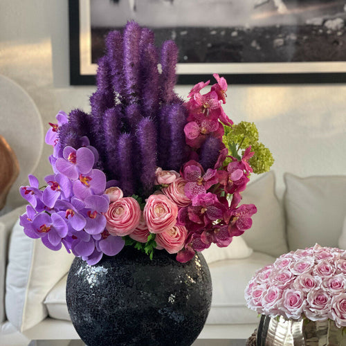 Black Mosaic Vase with Liatris and Orchids – Evervale