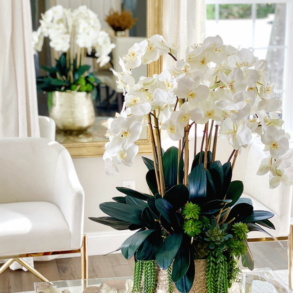 Delaney Gold Vase with Multiple Phalaenopsis Orchid Stems and Succulents – Evervale