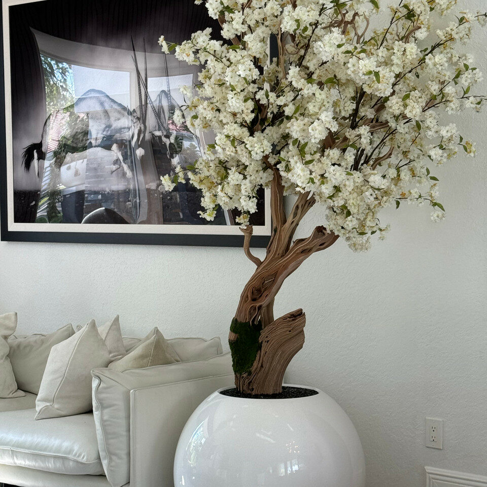 Personalized Cherry Blossom Tree in Glossy White Globe Vase – Evervale
