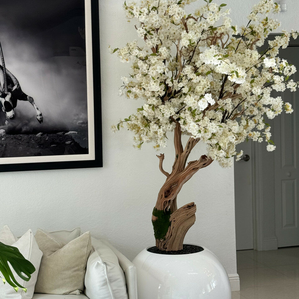 Shiny white globe vase with personalized Cherry Blossom Tree – Evervale
