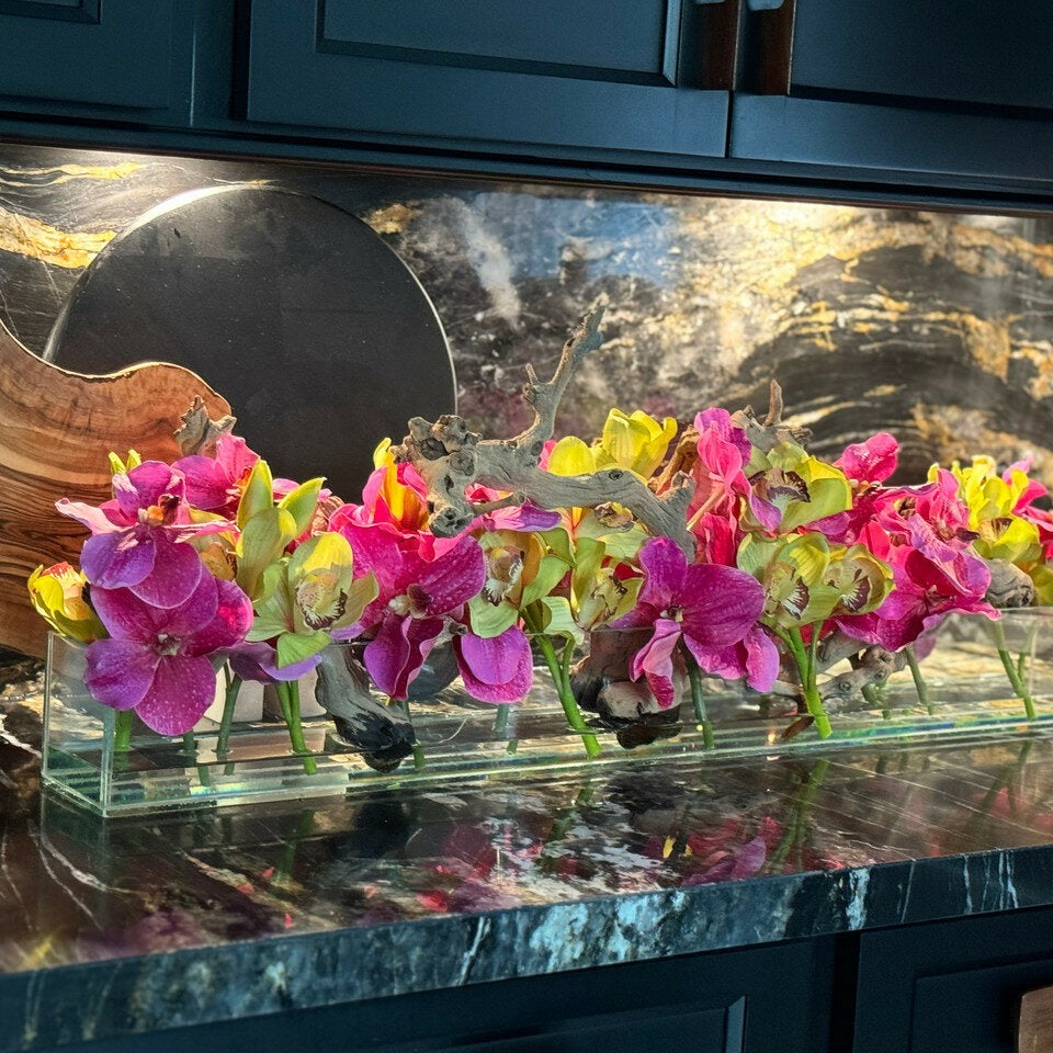 Modern House Glass Vase with Pink Vanda Orchids and Green Cymbidiums – Evervale