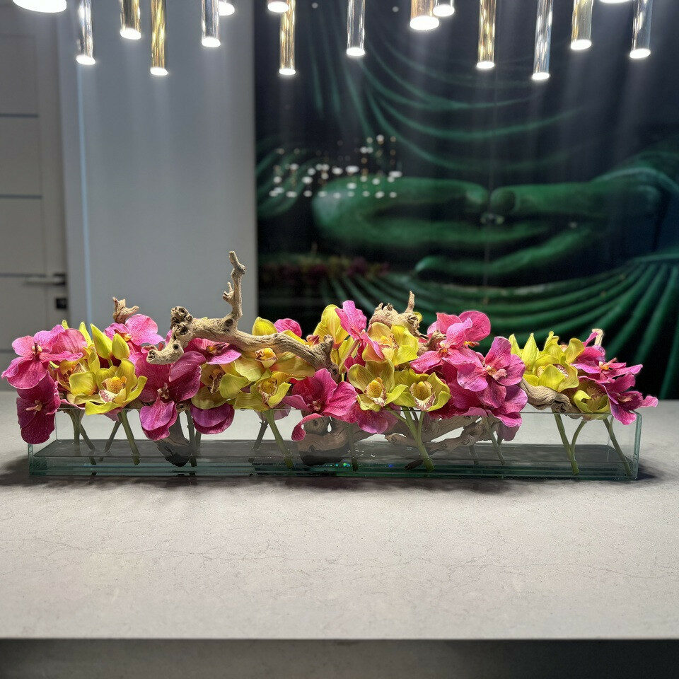 Modern House Glass Vase with Pink Vanda Orchids and Green Cymbidiums – Evervale