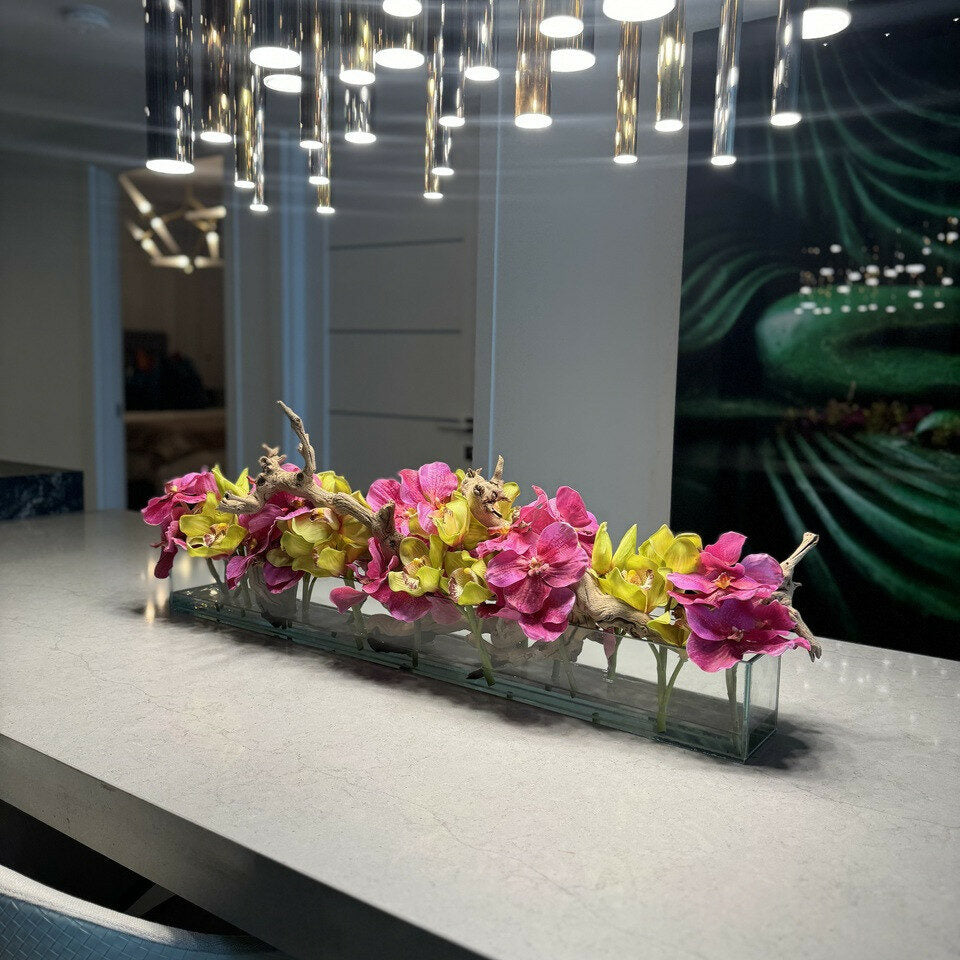 Modern House Glass Vase with Pink Vanda Orchids and Green Cymbidiums – Evervale