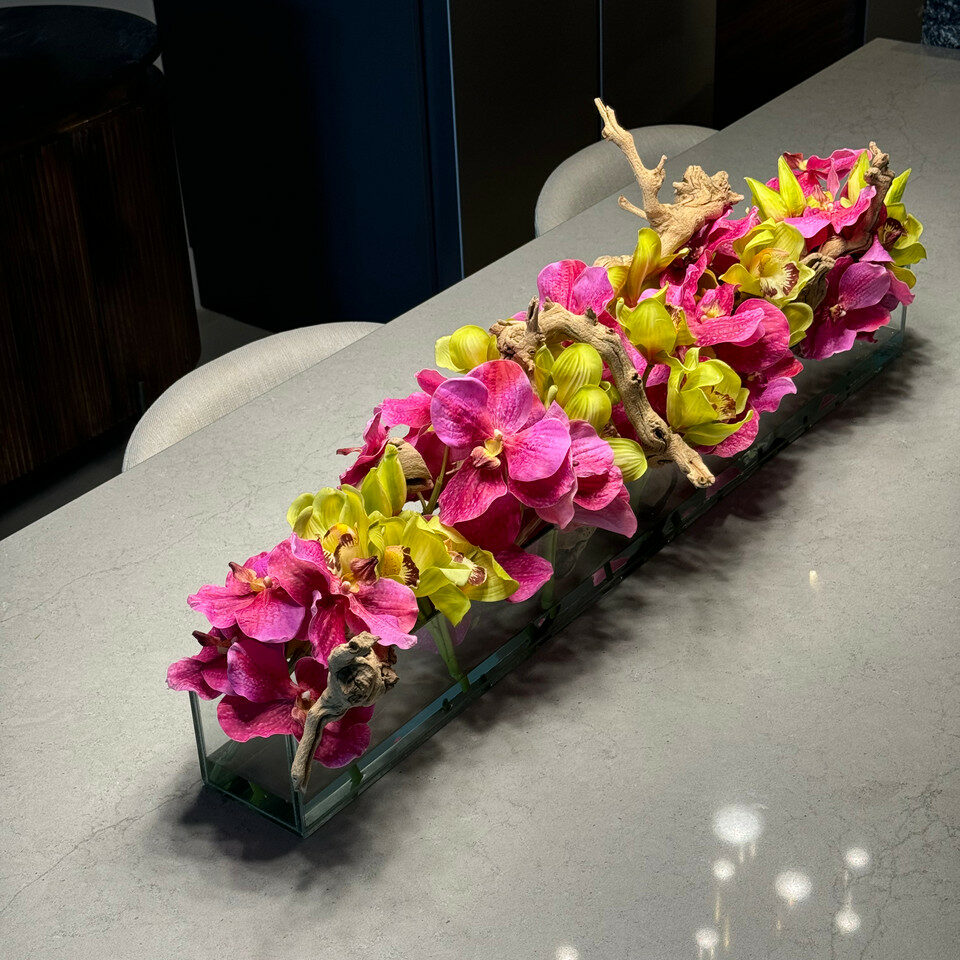 Modern House Glass Vase with Pink Vanda Orchids and Green Cymbidiums – Evervale