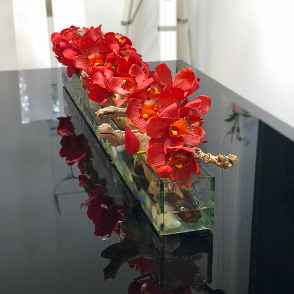 Modern Glass Planter "Modern Home" 122 cm with Red Cymbidiums – Evervale