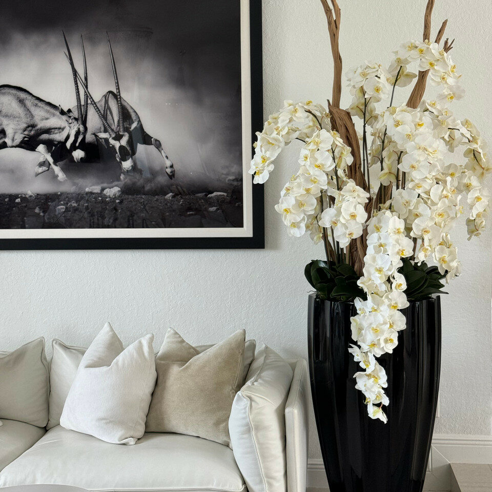 San Jose Vase in glossy black with hanging yellow orchids – Evervale