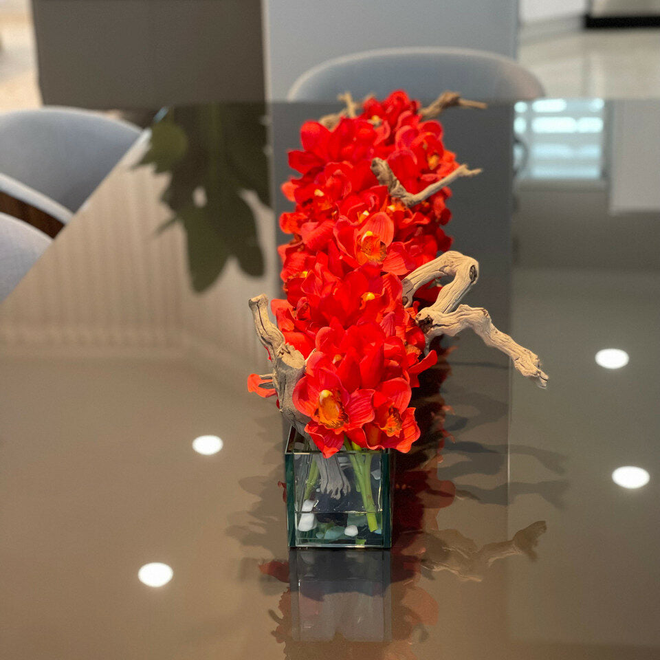 Modern House Glass Vase with Red Cymbidiums – Evervale