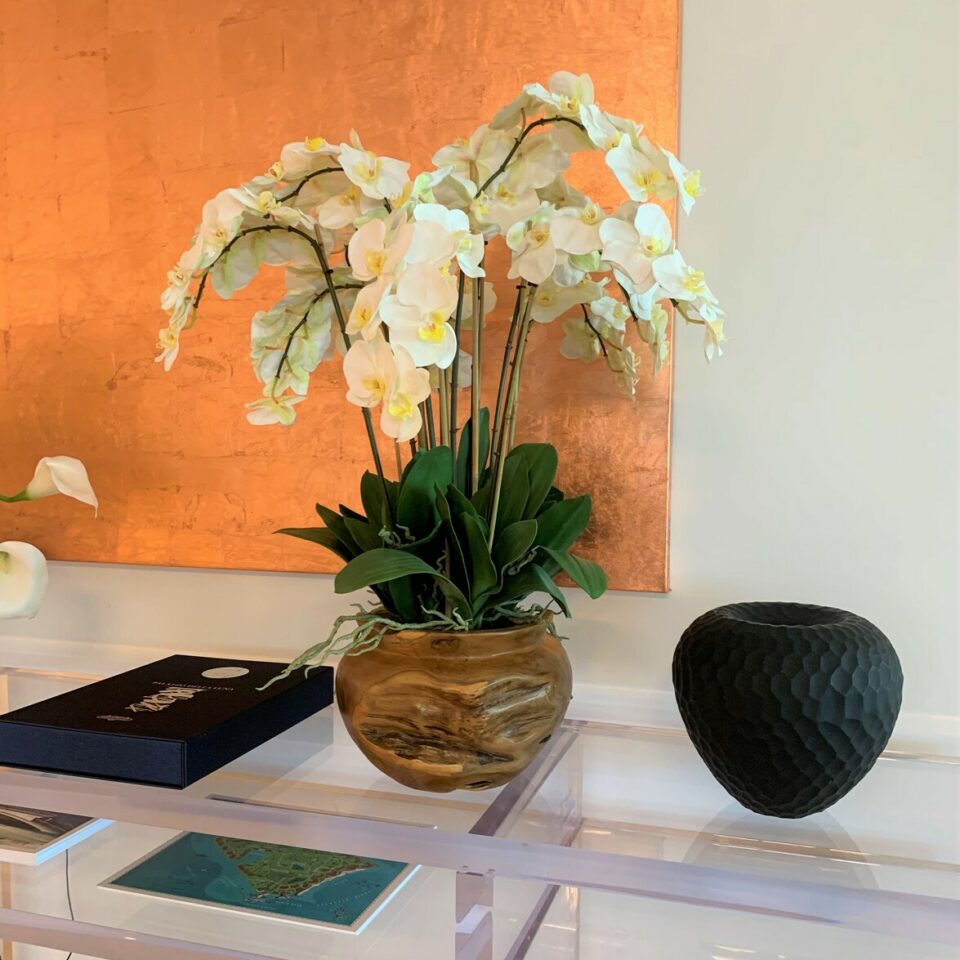 Large teak bowl with white orchids – Evervale