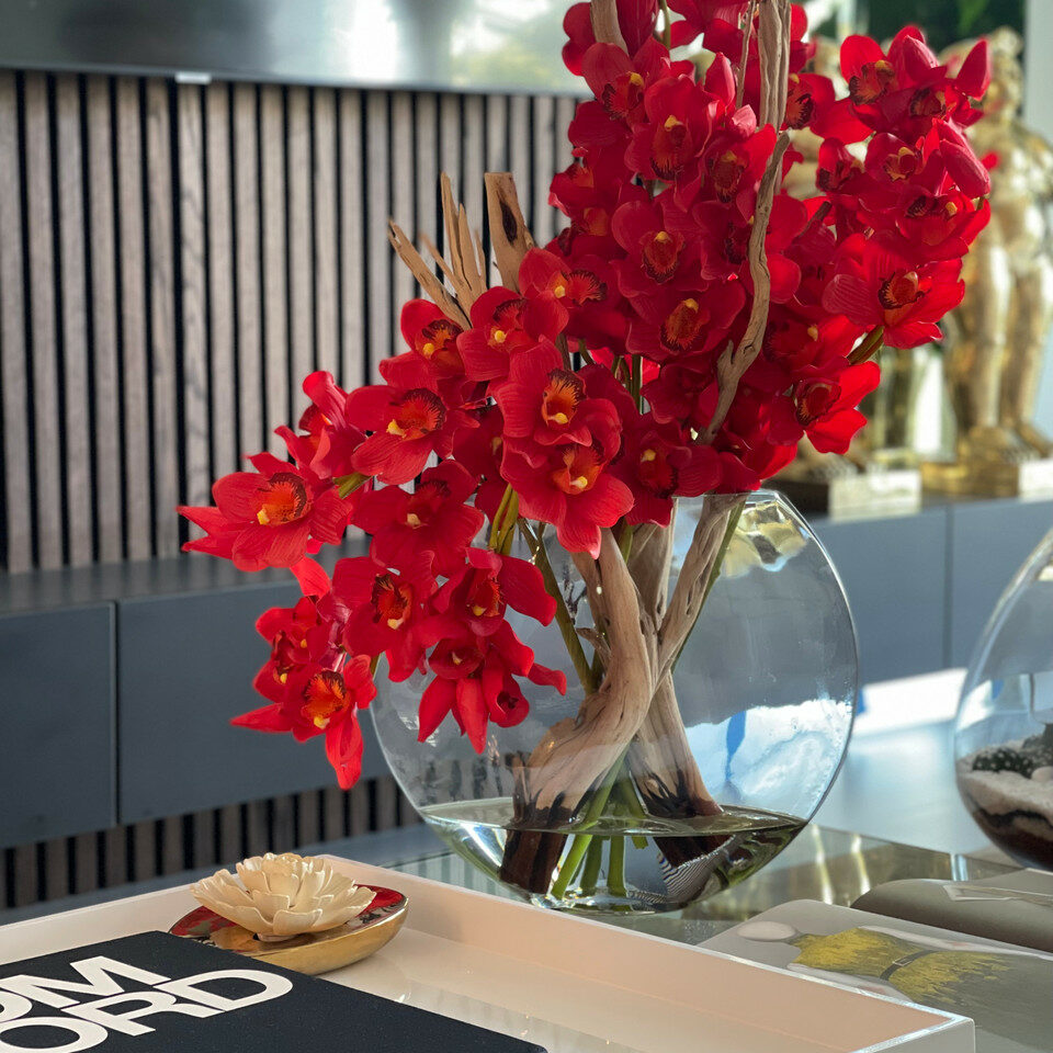 Red Cymbidiums in Moon Vase – Evervale
