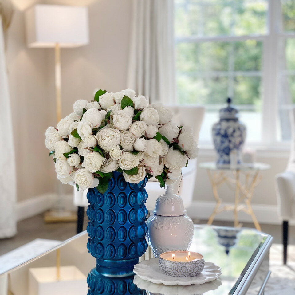 White English Roses in Blue Textured Vase – Evervale