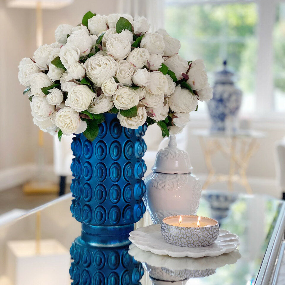 White English Roses in Blue Textured Vase – Evervale