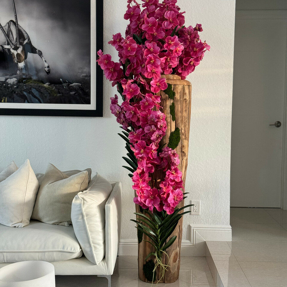 Large teak vase with natural edges and pink Vanda orchids – Evervale
