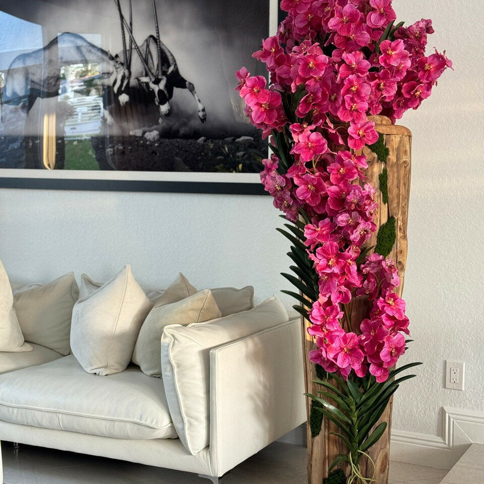 Large Teak Wood Vase with Natural Edges and Pink Vanda Orchids – Evervale