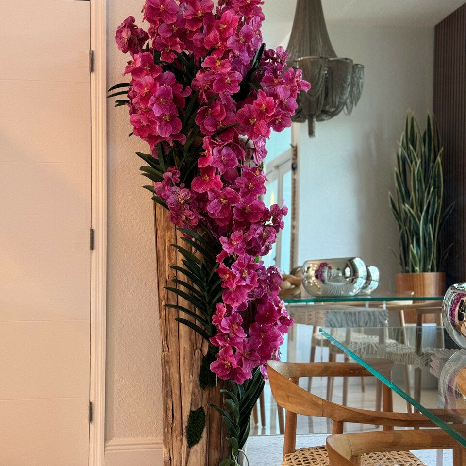 Large Teak Wood Vase with Natural Edges and Pink Vanda Orchids – Evervale
