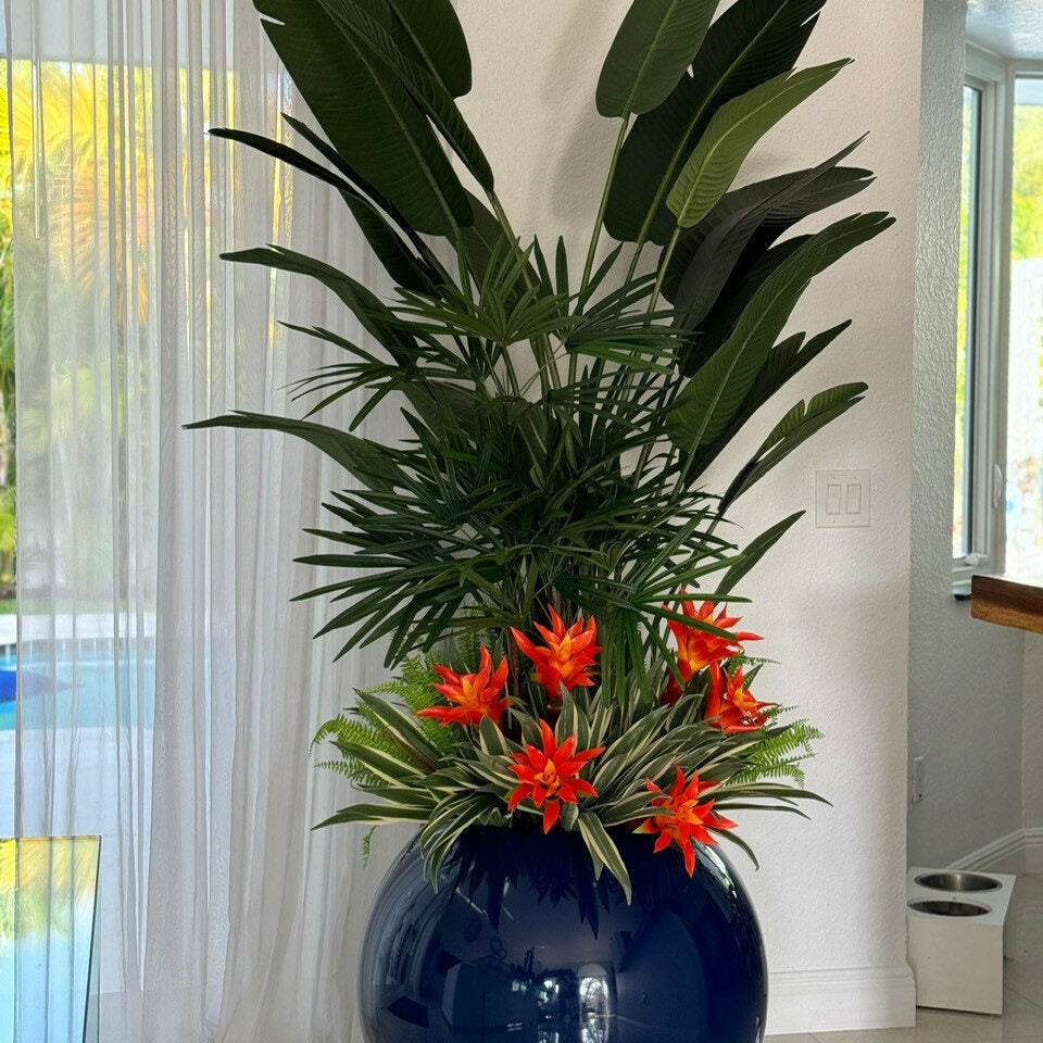 Mix of Tropical Plants in Cobalt Blue Globe Pot – Evervale