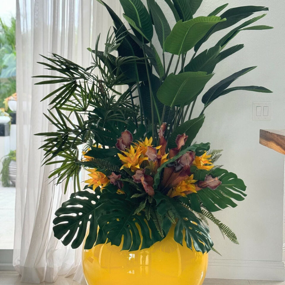 Mix of Tropical Plants in a Yellow Globe Planter – Evervale