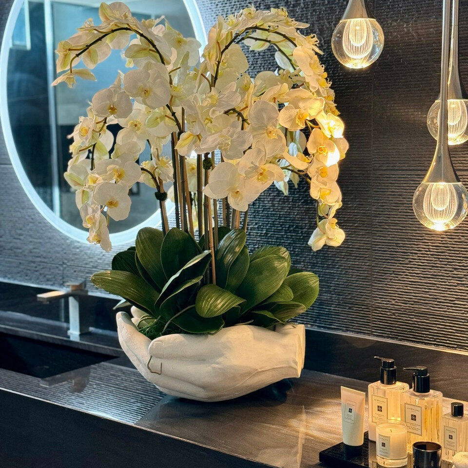 White Phalaenopsis Orchids in Open Hands Sculpture Pot – Evervale