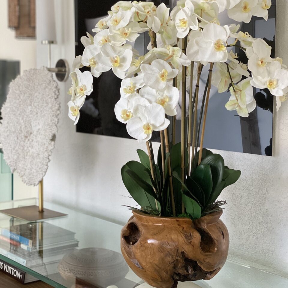Large teak bowl with white orchids – Evervale